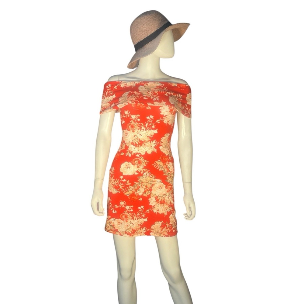 Sezane Red Floral Doriana Off Shoulder Bodycon Mini Dress XS Cottagecore - Picture 3 of 7